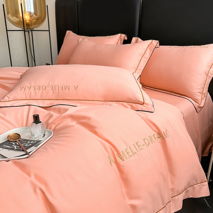 91家纺网 家纺一手货源 找家纺 宇彬家纺 2025新款直播热款13374全棉母婴级压线一字绣宽边枕套被套纯色滚边麻绳四件套贡缎新疆长绒 梦系列-玉颜粉