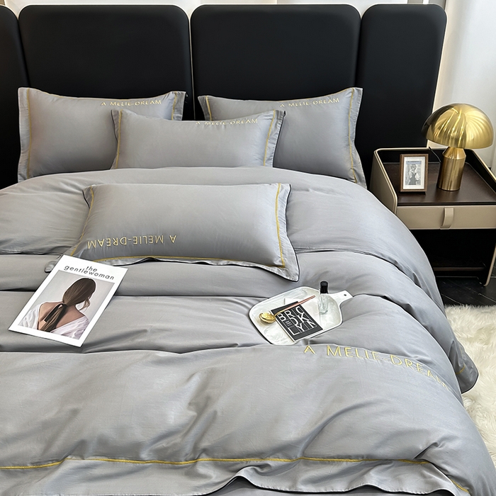 91家纺网 家纺一手货源 找家纺 宇彬家纺 2025新款直播热款13374全棉母婴级压线一字绣宽边枕套被套纯色滚边麻绳四件套贡缎新疆长绒 梦系列-绅士灰