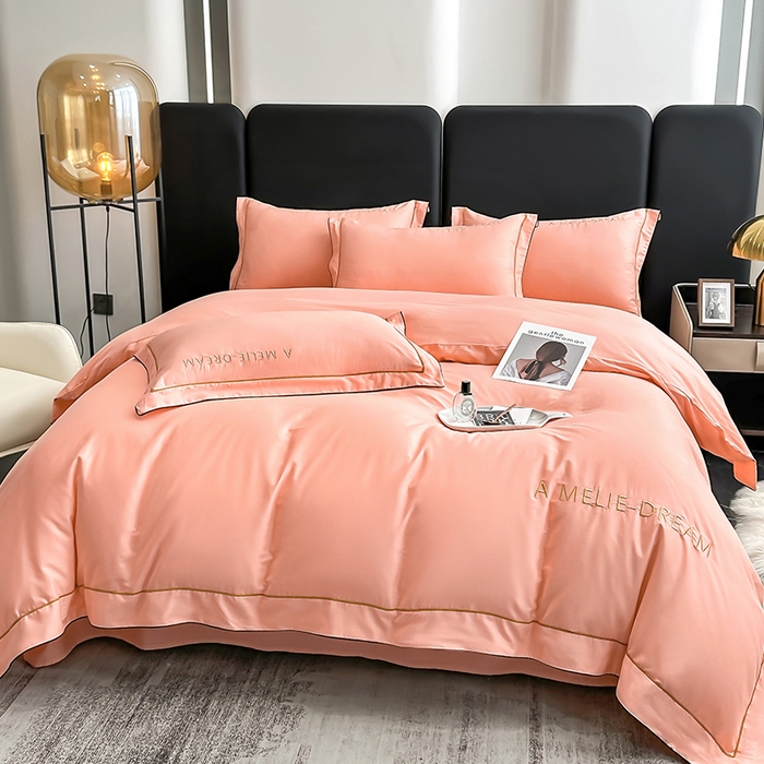 91家纺网 家纺一手货源 找家纺 宇彬家纺 2025新款直播热款13374全棉母婴级压线一字绣宽边枕套被套纯色滚边麻绳四件套贡缎新疆长绒 梦系列-玉颜粉