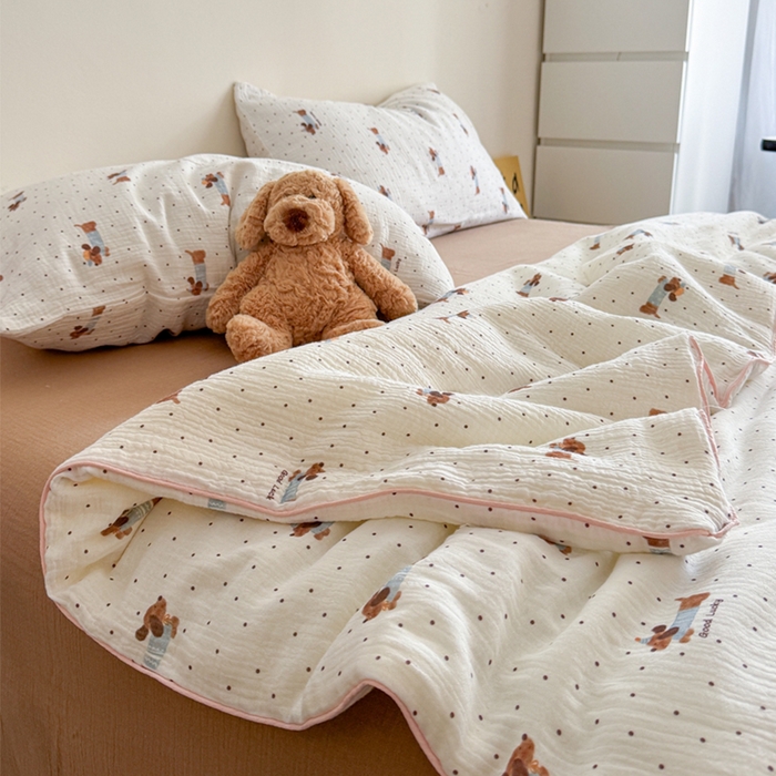 91家纺网 家纺一手货源 找家纺 萝莉家纺 2025新款软软糯糯双层皱皱纱单夏被 夏被四件套 波点狗