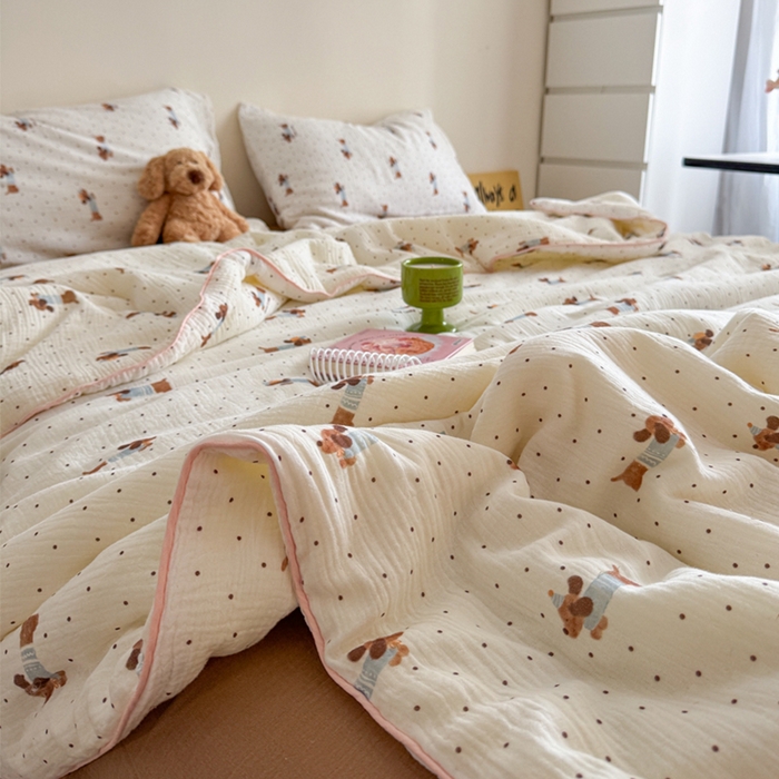 91家纺网 家纺一手货源 找家纺 萝莉家纺 2025新款软软糯糯双层皱皱纱单夏被 夏被四件套 波点狗