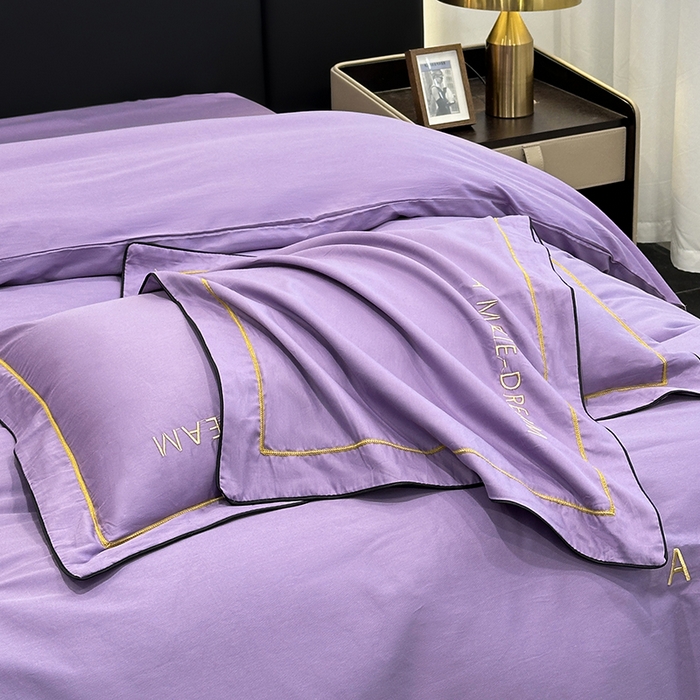 91家纺网 家纺一手货源 找家纺 宇彬家纺 2025新款直播热款13374全棉母婴级压线一字绣宽边枕套被套纯色滚边麻绳四件套贡缎新疆长绒 梦系列-曲雅紫