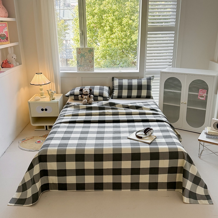 91家纺网 家纺一手货源 找家纺 晓时候 2025原棉老粗布床单凉席三件套软凉席子单床单 黑白格