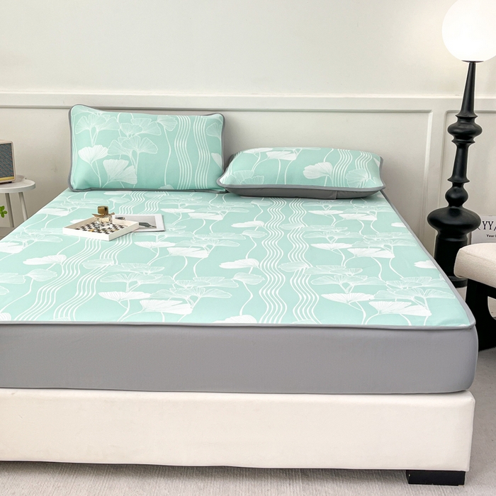 91家纺网 家纺一手货源 找家纺 子曰 2025新款高定版A类PE聚乙烯凉感凉席提花凉席床笠 银杏叶-绿