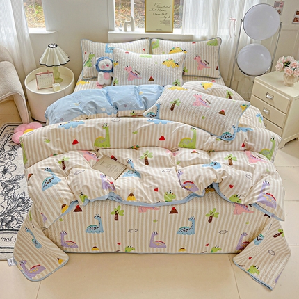 羽爱家纺 2025新款A类双面全棉印花床盖套件 动漫恐龙