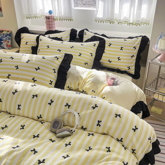 91家纺网 家纺一手货源 找家纺 2025水洗棉花边四件套_9067 蝴蝶结-条纹黄