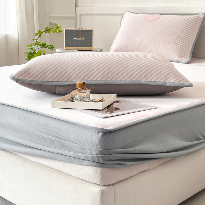 91家纺网 家纺一手货源 找家纺 子曰 2025新款高定版A类PE聚乙烯凉感凉席提花凉席床笠 玫瑰-粉