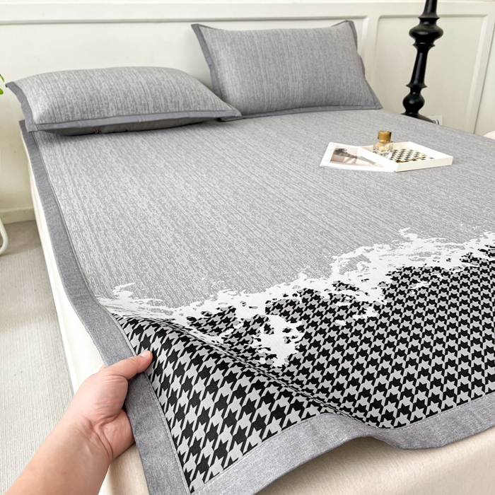 91家纺网 家纺一手货源 找家纺 子曰 2025新款高定版A类PE聚乙烯凉感凉席提花凉席床笠 千鸟格-灰【平铺款】