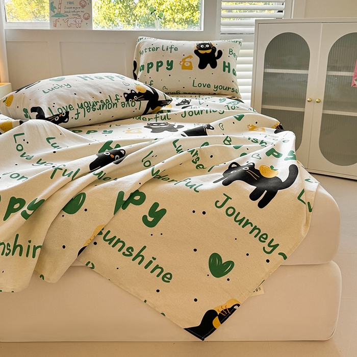 91家纺网 家纺一手货源 找家纺 晓时候 2025原棉老粗布床单凉席三件套软凉席子单床单 幸运黑喵