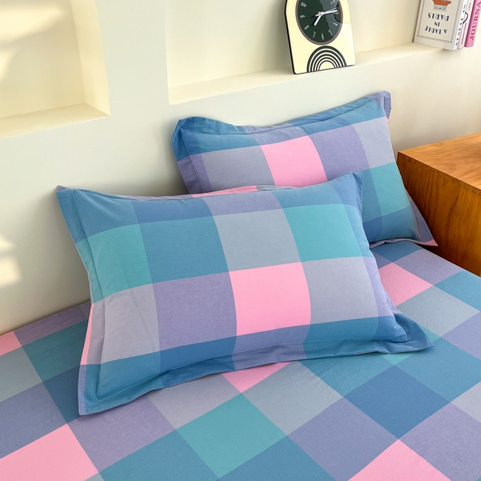 91家纺网 家纺一手货源 找家纺 金窝窝家纺 2025新款纯棉水洗棉四件套 大发格粉蓝