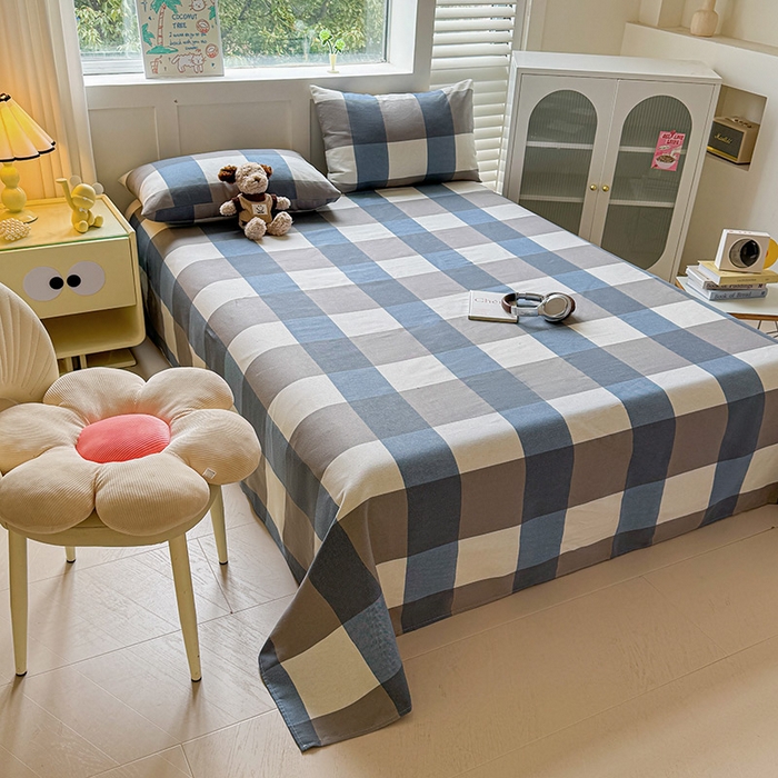 91家纺网 家纺一手货源 找家纺 晓时候 2025原棉老粗布床单凉席三件套软凉席子单床单 蓝咖格