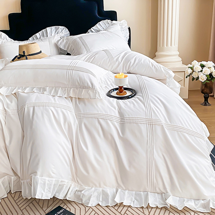 91家纺网 家纺一手货源 找家纺 花香四季家纺 2025新款全棉13376公主风纯棉法式手工立体线条四件套 奶油白