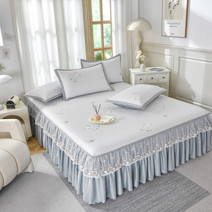 91家纺网 家纺一手货源 找家纺 品乐家纺  2025新款床裙款提花冰豆豆套件凉席席子 灰色