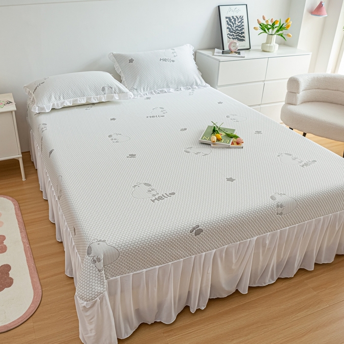 91家纺网 家纺一手货源 找家纺 春寻家纺 2025新款凉豆豆冰丝凉席席子-床裙款 卡皮巴拉-灰