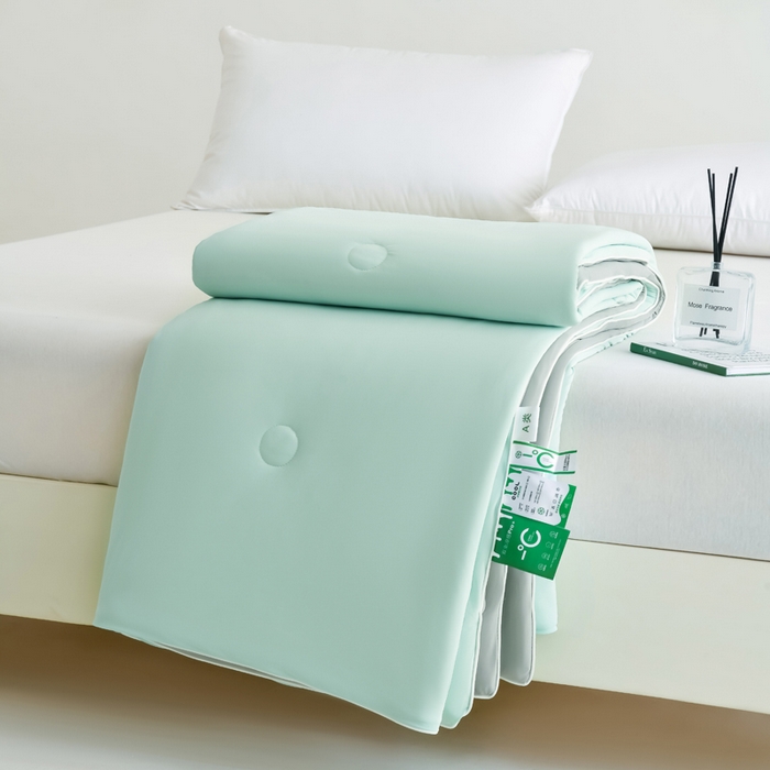 91家纺网 家纺一手货源 找家纺 圣尔雅2025新款A类高克重锦纶氨纶黑科技凉感夏被冰激凌空调被夏凉被 薄荷绿+灰