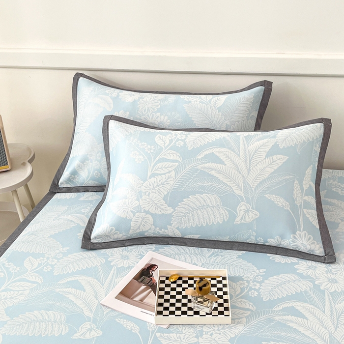 91家纺网 家纺一手货源 找家纺 子曰 2025新款高定版A类PE聚乙烯凉感凉席提花凉席床笠 叶之恋-蓝【平铺款】