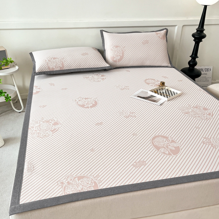 91家纺网 家纺一手货源 找家纺 子曰 2025新款高定版A类PE聚乙烯凉感凉席提花凉席床笠 玫瑰-粉【平铺款】