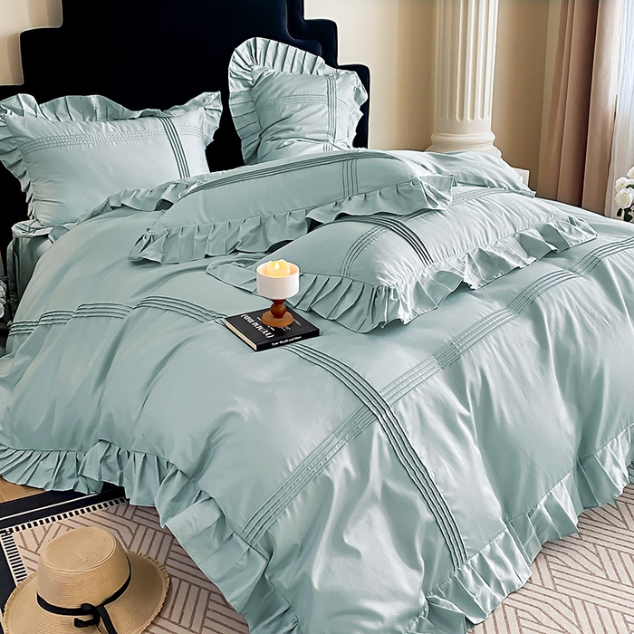 91家纺网 家纺一手货源 找家纺 花香四季家纺 2025新款全棉13376公主风纯棉法式手工立体线条四件套 清风