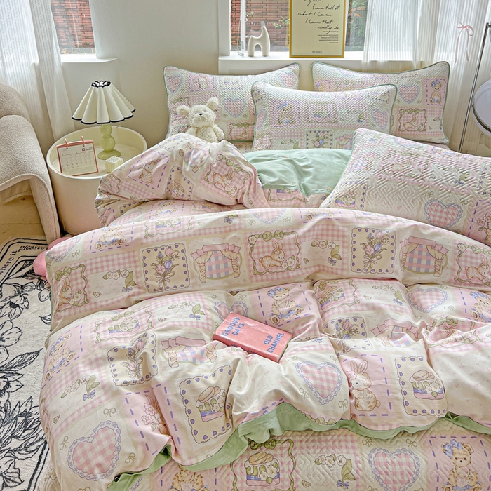 91家纺网 家纺一手货源 找家纺 羽爱家纺 2025新款A类双面全棉印花床盖套件 彩虹蛋糕