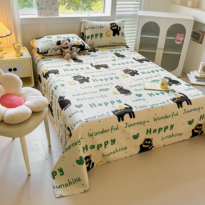 91家纺网 家纺一手货源 找家纺 晓时候 2025原棉老粗布床单凉席三件套软凉席子单床单 幸运黑喵