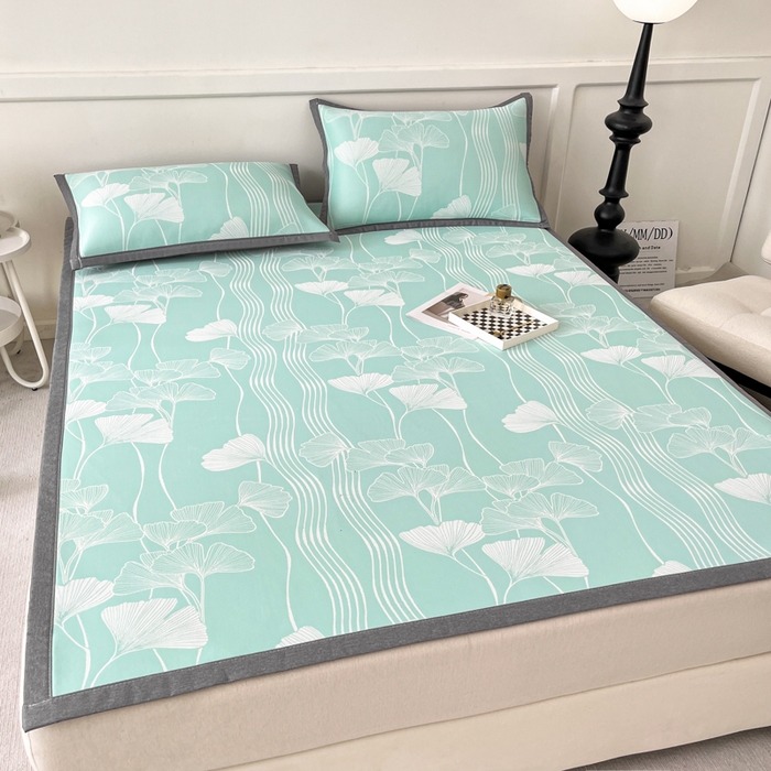 91家纺网 家纺一手货源 找家纺 子曰 2025新款高定版A类PE聚乙烯凉感凉席提花凉席 银杏叶-绿