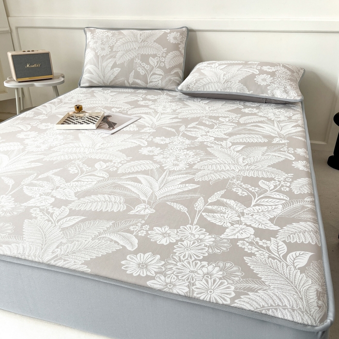 91家纺网 家纺一手货源 找家纺 子曰 2025新款高定版A类PE聚乙烯凉感凉席提花凉席床笠 叶之恋-咖