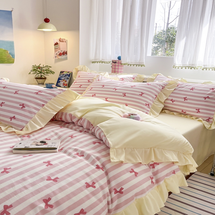 91家纺网 家纺一手货源 找家纺 2025水洗棉花边四件套_9067 蝴蝶结-条纹玉粉