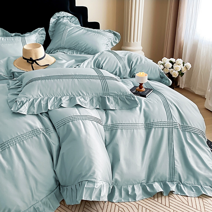 91家纺网 家纺一手货源 找家纺 花香四季家纺 2025新款全棉13376公主风纯棉法式手工立体线条四件套 清风