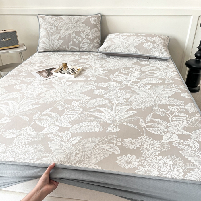 91家纺网 家纺一手货源 找家纺 子曰 2025新款高定版A类PE聚乙烯凉感凉席提花凉席床笠 叶之恋-咖【床笠款】