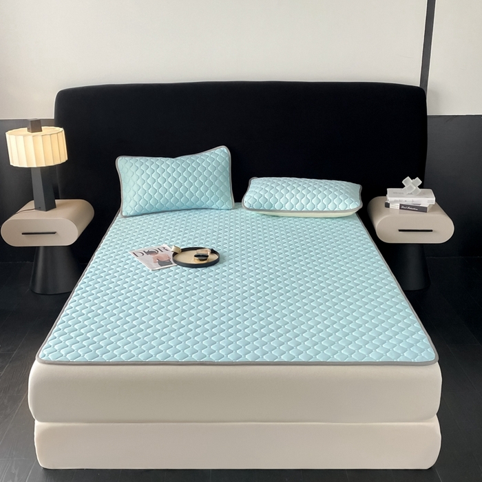 91家纺网 家纺一手货源 找家纺 欧邦 2025新款加厚纯色凉席四件套--夏被四件套 方格-湖蓝