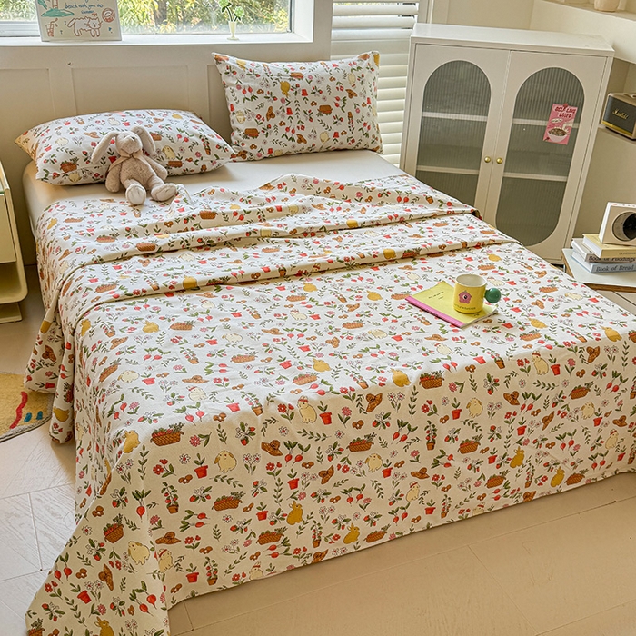 91家纺网 家纺一手货源 找家纺 晓时候 2025原棉老粗布床单凉席三件套软凉席子单床单 花丛兔