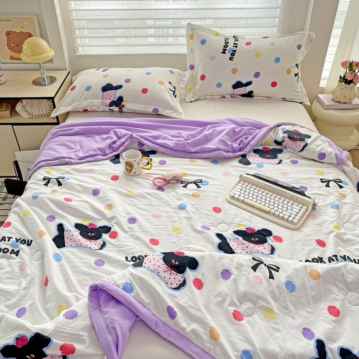 91家纺网 家纺一手货源 找家纺 富艺隆 2025新款水洗棉印花夏被 波点小狗