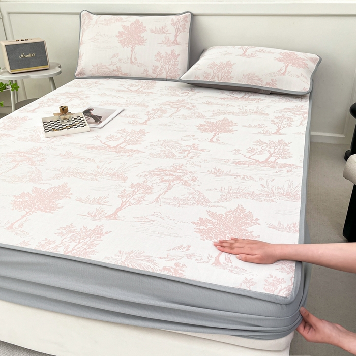 91家纺网 家纺一手货源 找家纺 子曰 2025新款高定版A类PE聚乙烯凉感凉席提花凉席床笠 秘境-粉【床笠款】