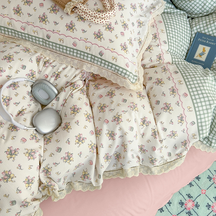 91家纺网 家纺一手货源 找家纺 竹合家纺 2025新款春日碎花法式镂空花边款式提花皱皱四件套 法式-花束蛋糕