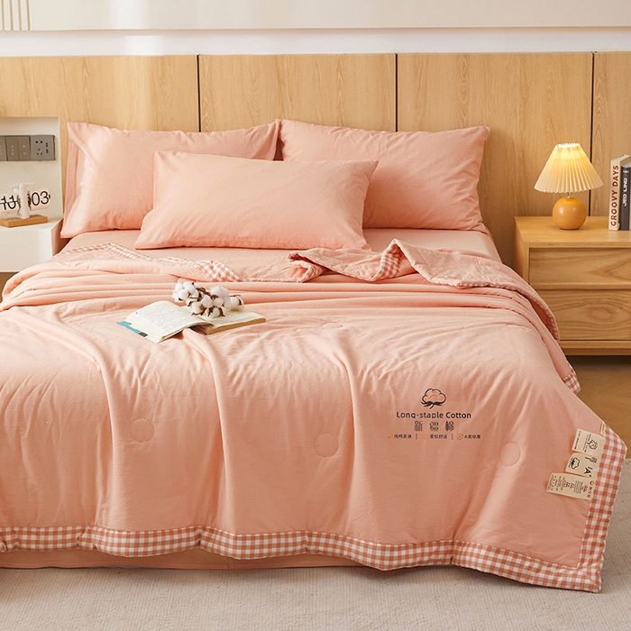 91家纺网 家纺一手货源 找家纺 创优家纺 2025新款无印风格子新疆棉夏被空调被纯棉花被夏被子薄被芯水洗棉包检测 新疆棉-粉色