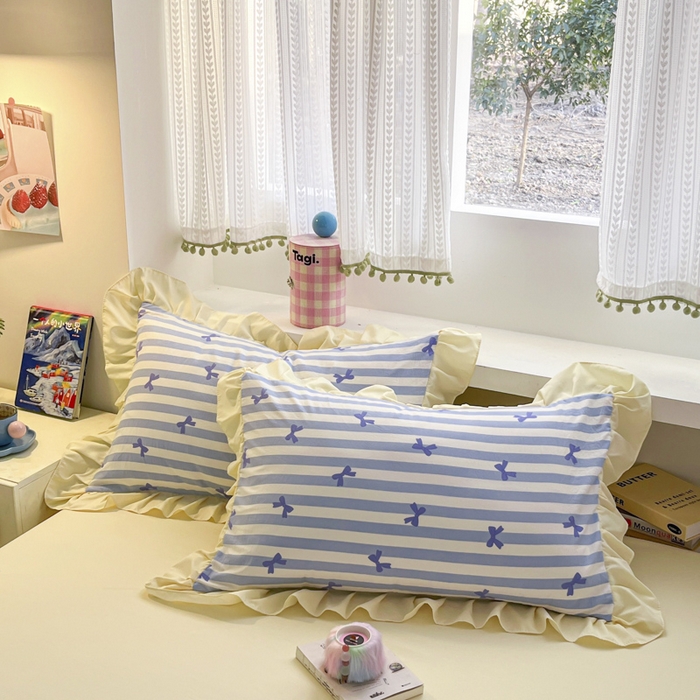 91家纺网 家纺一手货源 找家纺 2025水洗棉花边四件套_9067 蝴蝶结-条纹海蓝