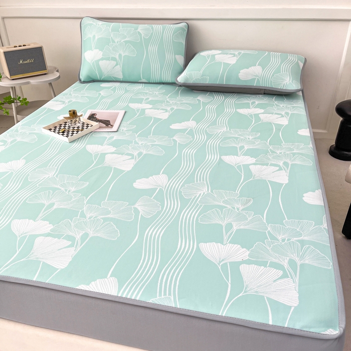 91家纺网 家纺一手货源 找家纺 子曰 2025新款高定版A类PE聚乙烯凉感凉席提花凉席床笠 银杏叶-绿【床笠款】