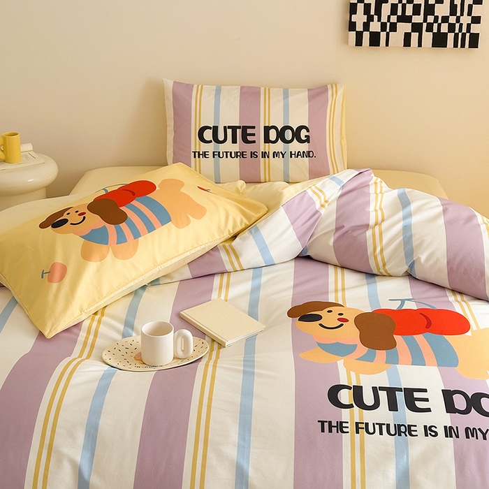 91家纺网 家纺一手货源 找家纺 2025新款全棉大版卡通数码印花纯棉四件套 可爱小狗（紫）