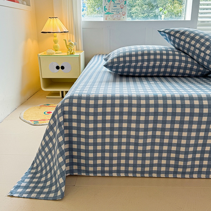 91家纺网 家纺一手货源 找家纺 晓时候 2025原棉老粗布床单凉席三件套软凉席子单床单 蓝小格