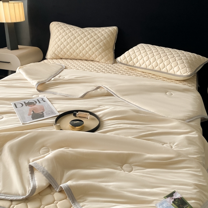 91家纺网 家纺一手货源 找家纺 欧邦 2025新款加厚纯色凉席四件套--凉席三件套 方格-米杏