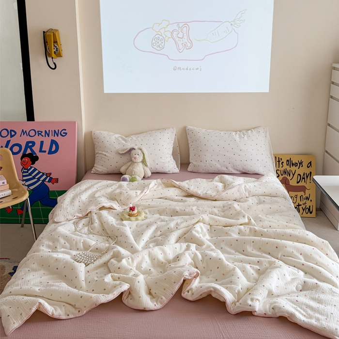 91家纺网 家纺一手货源 找家纺 萝莉家纺 2025新款软软糯糯双层皱皱纱单夏被 夏被四件套 心心相印