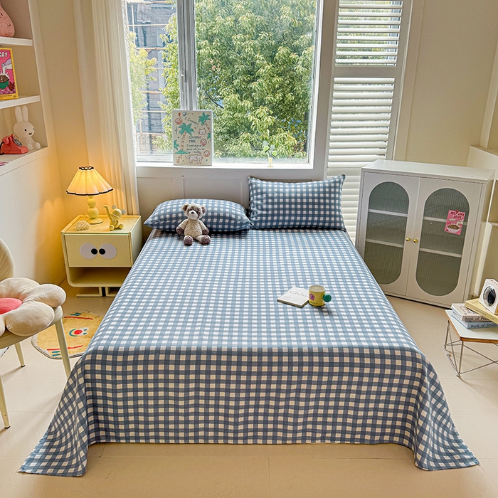 91家纺网 家纺一手货源 找家纺 晓时候 2025原棉老粗布床单凉席三件套软凉席子单床单 蓝小格