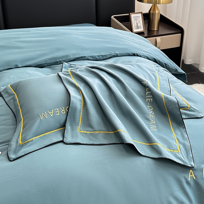 91家纺网 家纺一手货源 找家纺 宇彬家纺 2025新款直播热款13374全棉母婴级压线一字绣宽边枕套被套纯色滚边麻绳四件套贡缎新疆长绒 梦系列-摩卡绿