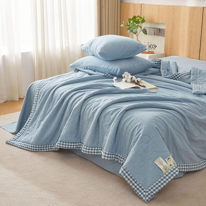91家纺网 家纺一手货源 找家纺 创优家纺 2025新款无印风格子新疆棉夏被空调被纯棉花被夏被子薄被芯水洗棉包检测 新疆棉-蓝色