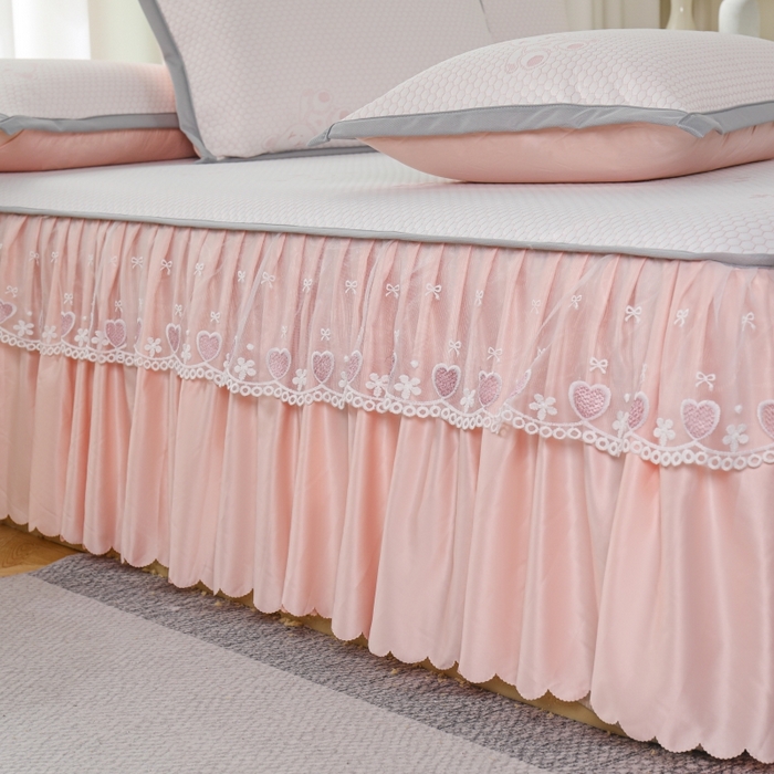 91家纺网 家纺一手货源 找家纺 品乐家纺  2025新款床裙款提花冰豆豆套件凉席席子 粉色