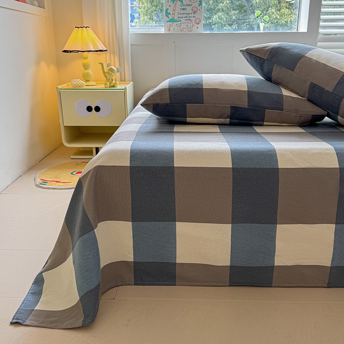 91家纺网 家纺一手货源 找家纺 晓时候 2025原棉老粗布床单凉席三件套软凉席子单床单 蓝咖格