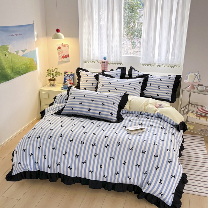 91家纺网 家纺一手货源 找家纺 2025水洗棉花边四件套_9067 蝴蝶结-条纹蓝