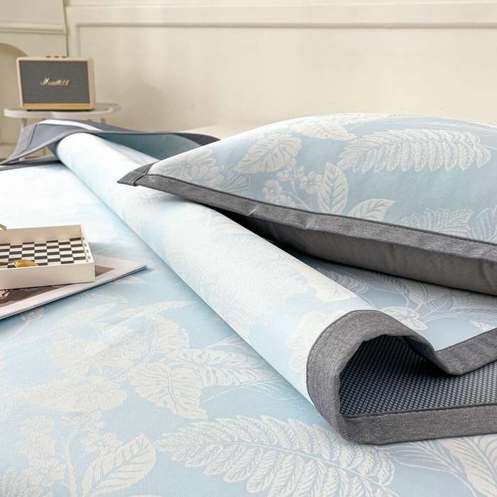 91家纺网 家纺一手货源 找家纺 子曰 2025新款高定版A类PE聚乙烯凉感凉席提花凉席床笠 叶之恋-蓝【平铺款】