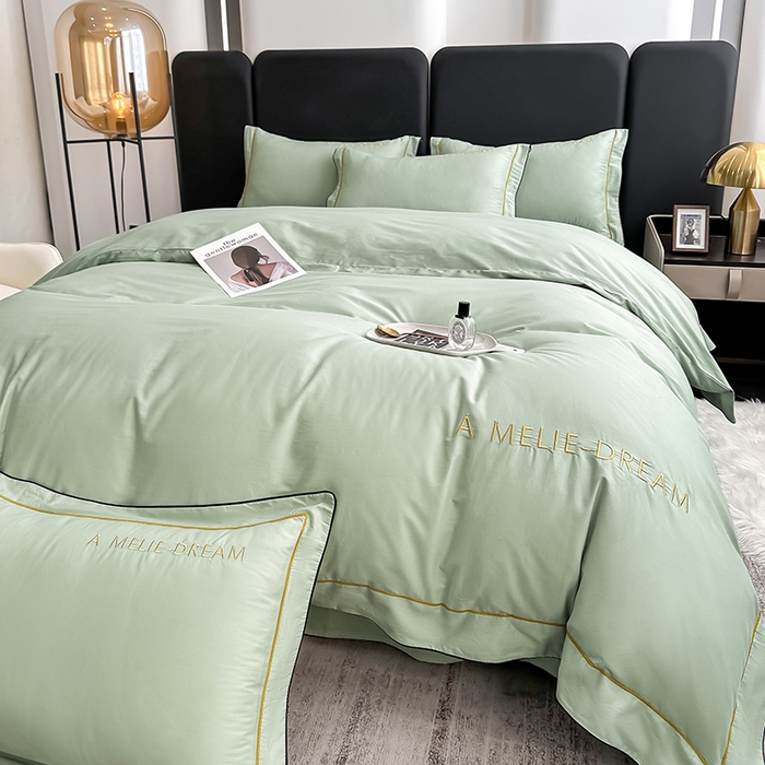 91家纺网 家纺一手货源 找家纺 宇彬家纺 2025新款直播热款13374全棉母婴级压线一字绣宽边枕套被套纯色滚边麻绳四件套贡缎新疆长绒 梦系列-炫彩绿