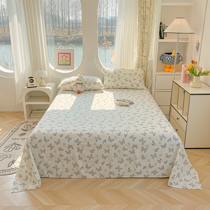 91家纺网 家纺一手货源 找家纺 眠帛家居 2025新款A类水洗皱皱纱印花床单 蝴蝶偏偏